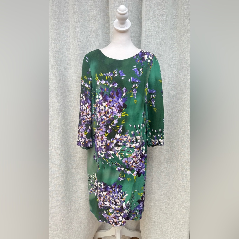 Escada Fall 2014 Hyacinth green purple floral long sleeve dress - Picture 2 of 14